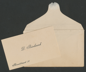 716817 Visitekaartje met enveloppe van D. (Daniël) Brinkerink – Breedstraat 38 (Tehuis voor mannen van het Leger des ...